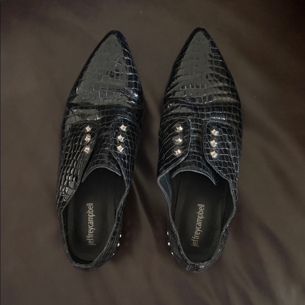 Jeffrey Campbell Black Croc-Embossed Pointed Derby Shoes